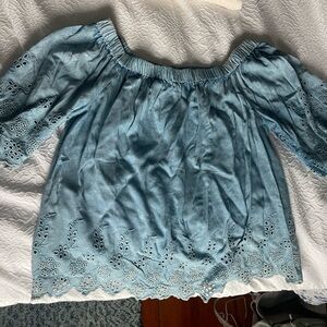 Blue Eyelet Off-Shoulder Top